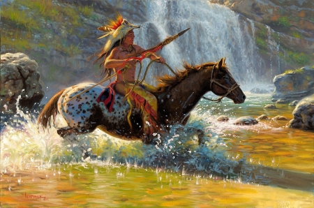 Thunder River - river, water, waterfall, native, painting, artwork, horse