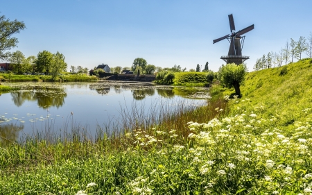 Landscape with Windmill - nature, landscape, summer, windmill, flowers, pond