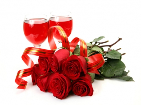 Happy valentine's day - Glasses, Wine, Bouquet, Ribbon, Roses