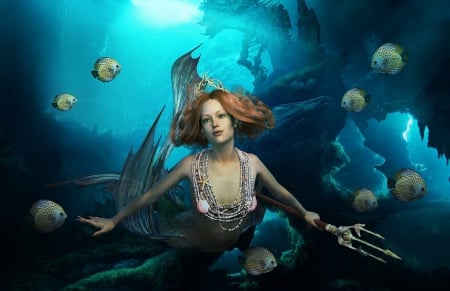 Mermaid - vara, girl, summer, fantasy, underwater, mermaid, siren, blue, fish, peste