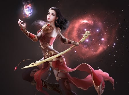 Fantasy girl - sorceress, girl, luminos, red, frumusete, sword, fantasy, xiangxiang lu