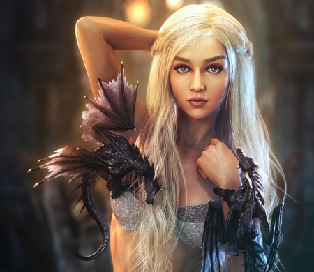 Daenerys - game of thrones, shibashake, fantasy, daenrys targaryen, dragon, girl, luminos