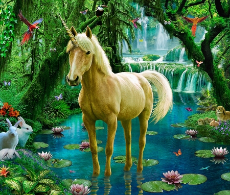 Unicorn in Paradise - trees, water, fable, waterfall, rabbits, horn, horse, river, artwork, digital