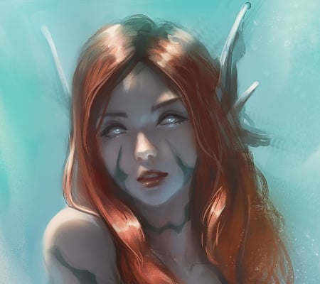 Mermaid - blue, girl, fantasy, trung bui, siren, redhead, mermaid, face, art, luminos