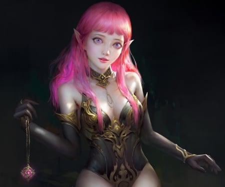 Cute elf girl - szcorbin, pendant, girl, pink, elf, black, frumusete, cute, art, luminos