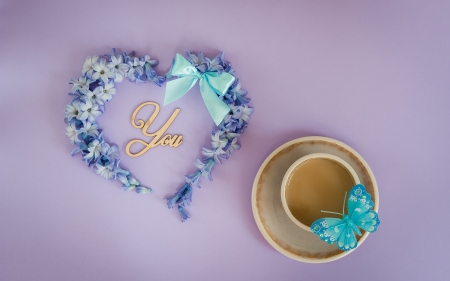 flowers heart - hearts, coffee, flowers, still life, butterflies, cup