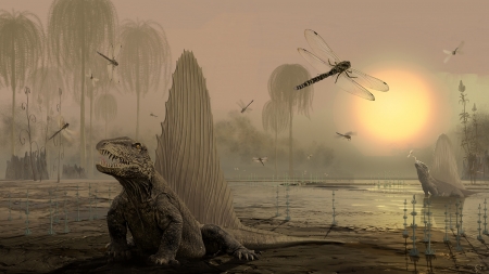 Dimetrodon - world, water, libelula, sun, art, creature, fantasy, dragonfly, giorgos tsolis, luminos