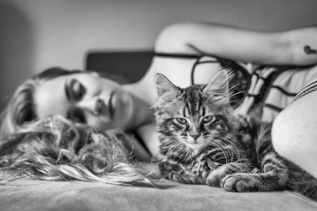 :) - black, white, animal, woman, girl, bw, pisici, cat