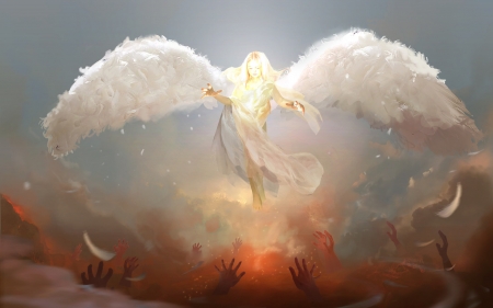 Angel - fantasy, white, chen xiang, wings, angel, orange, art, luminos