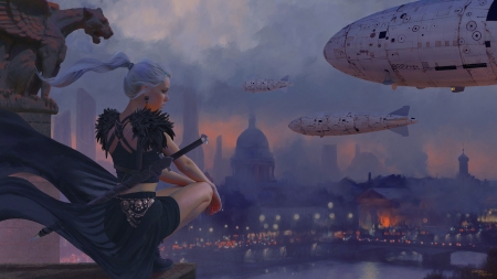 Gargoyle - blue, ship, girl, flying, giorgos tsolis, city, fantasy, gargoyle, art, luminos