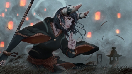 Demoness - girl, frag ment, black, fantasy, wind, horns, lantern, luminos, demon