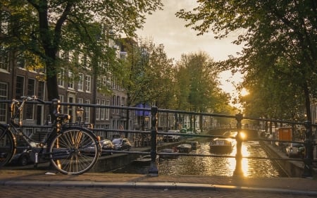 Amsterdam at Sunset - netherlands, street, houses, sunset, canal, amsterdam