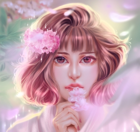 Cherry blossom girl - fantasy, hand, bink tran, cherry blossom, girl, face, pink, luminos