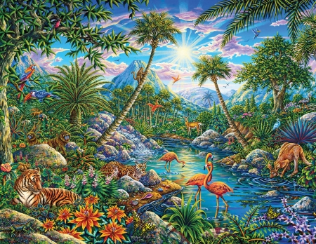 Its a Nother World - trees, waterfall, jungle, rainbows, mountains, tigers, kangroos, animals