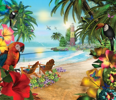 Island Palms - ocean, jigsaw, puzzle, palms, island, birds