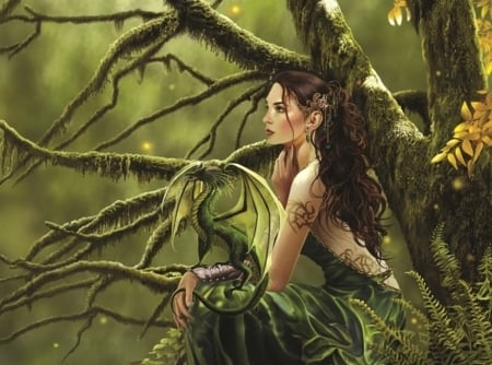 Queen of fate - fantasy, green, girl, forest, nene thomas, art, luminos