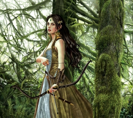 Desdaemona - elf, art, girl, luminos, nene thomas, green, fantasy, archer