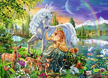 ♥ - colorful, fantasy, animal, rainbow, deer, girl, unicorn, luminos