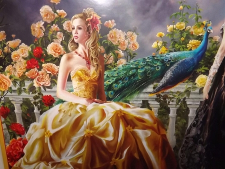 The girl and the peacock - flower, rose, bird, pasri, paun, yellow, dress, blue, art, nene thomas, fantasy, peacock, trandafir, luminos, green