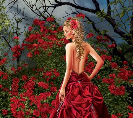 Beauty - dress, girl, flower, nene thomas, fantasy, red, green, garden, art, luminos