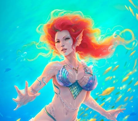 Ariella - redhead, ariella, vara, girl, summer, fantasy, underwater, cristian melian, blue, mermaid