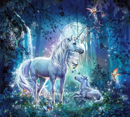 Moonlight unicorns - moon, fantasy, cute, fairy, night, unicorn, luminos, luna