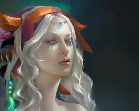 Fox girl - fantasy, fox, green, saisai ye, face, orange, art, luminos