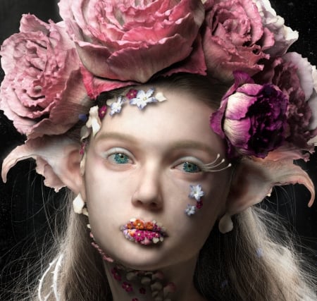 Flower elf - elf, takuma tokashiki, fantasy, wreath, girl, face, flower, luminos