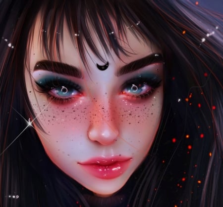 Black Rose - black rose, moon, fantasy, girl, taozipie, face, luminos, luna