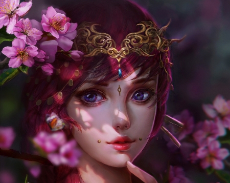 Princess - fantasy, girl, face, xywang, x y wang, flower, pink