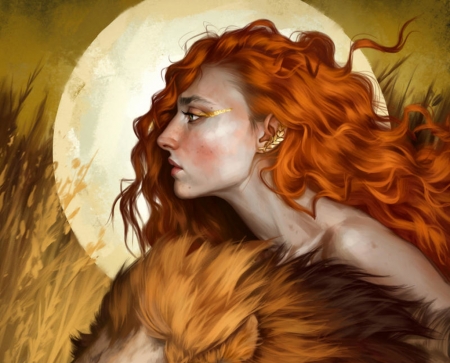 Redhead - moon, profile, girl, fernanda suarez, fantasy, fdasuarez, face, art, luminos, luna