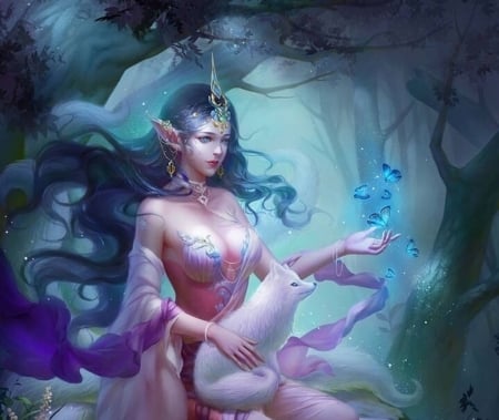 The forest spirit - chris chan, pink, elf, gjschoolart, girl, blue, art, fantasy, luminos