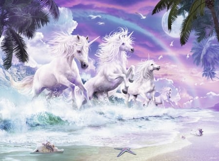 Unicorns - moon, beach, vara, palm tree, summer, fantasy, white, pink, luminos, luna, shell, sea, unicorn