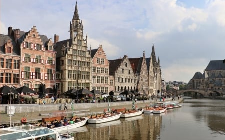 Gent, Belgium - boats, Belgium, Gent, canal, streetscape, houses