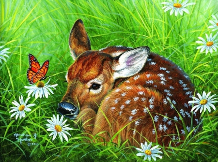 Natural tranquility - abraham hunter, daisy, caprioara, deer, painting, art, butterfly, pictura, green, grass, flower