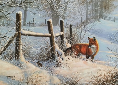 Fox - fence, abraham hunter, iarna, winter, vulpe, painting, white, fox, art, red, animal, pictura