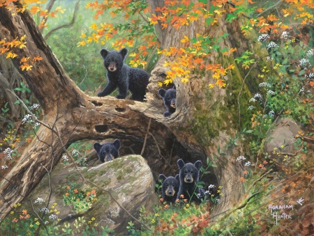 Bear cubs - painting, cub, art, forest, bear, abraham hunter, pictura, urs