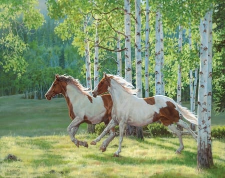 Horses - running, cal, abraham hunter, horse, tree, pictura, autumn, green, painting, art