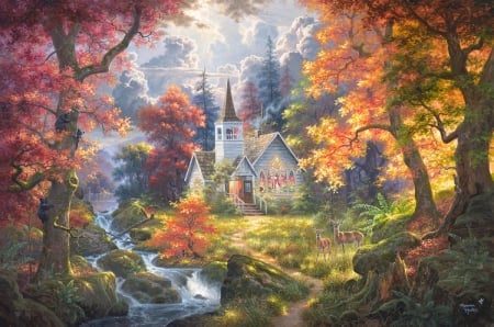 Chapel of Hope - water, orange, abraham hunter, tree, pictura, autumn, chapel of hope, red, painting, art