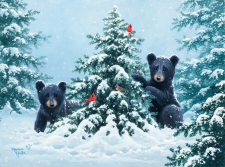 O, Christmas Tree! - winter, cub, snow, abraham hunter, tree, bear, pictura, urs, craciun, painting, iarna, art