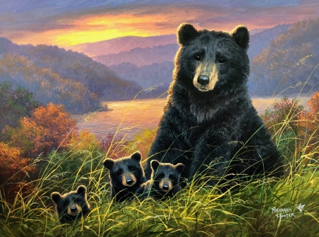 Bears ~ Sunset - painting, cub, art, bear, abraham hunter, pictura, urs, sunset