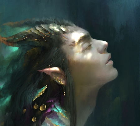 Water creature - water, horns, creature, he haichuan, fantasy, mermaid, green, face, art, luminos