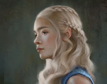 Daenerys - girl, fantasy, face, daenerys targaryen, art, portrait, luminos, blue, lin qian, game of thrones, blonde