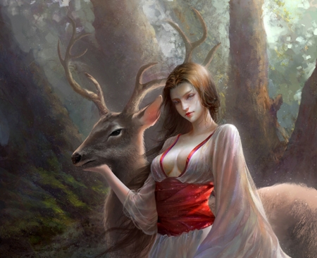 Diana - cerb, diana, girl, lin qian, forest, horns, fantasy, goddess, deer, red, art, luminos