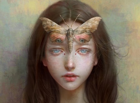 Moth - girl, moth, fantasy, face, butterfly, art, portrait, luminos, lin qian