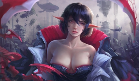 Mistress - elf, art, girl, luminos, red, peng wang joo, fantasy