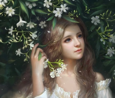 Jasmine - girl, jasmine, frumusete, fantasy, white, luminos, lin qian, flower, stephanotis