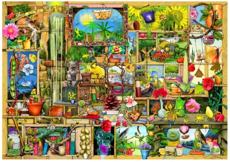 The gardeners cupboard - shelves, stuff, fantasy, garden, collage, colin thompson, creative