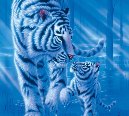 First outing - cub, blue, night, kentaro nishino, baby, tiger, fantasy, white, cute, mother, art, luminos