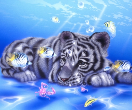 Underwater - peste, water, summer, cub, blue, kentaro nishino, tiger, fantasy, underwater, fish, art, vara, luminos